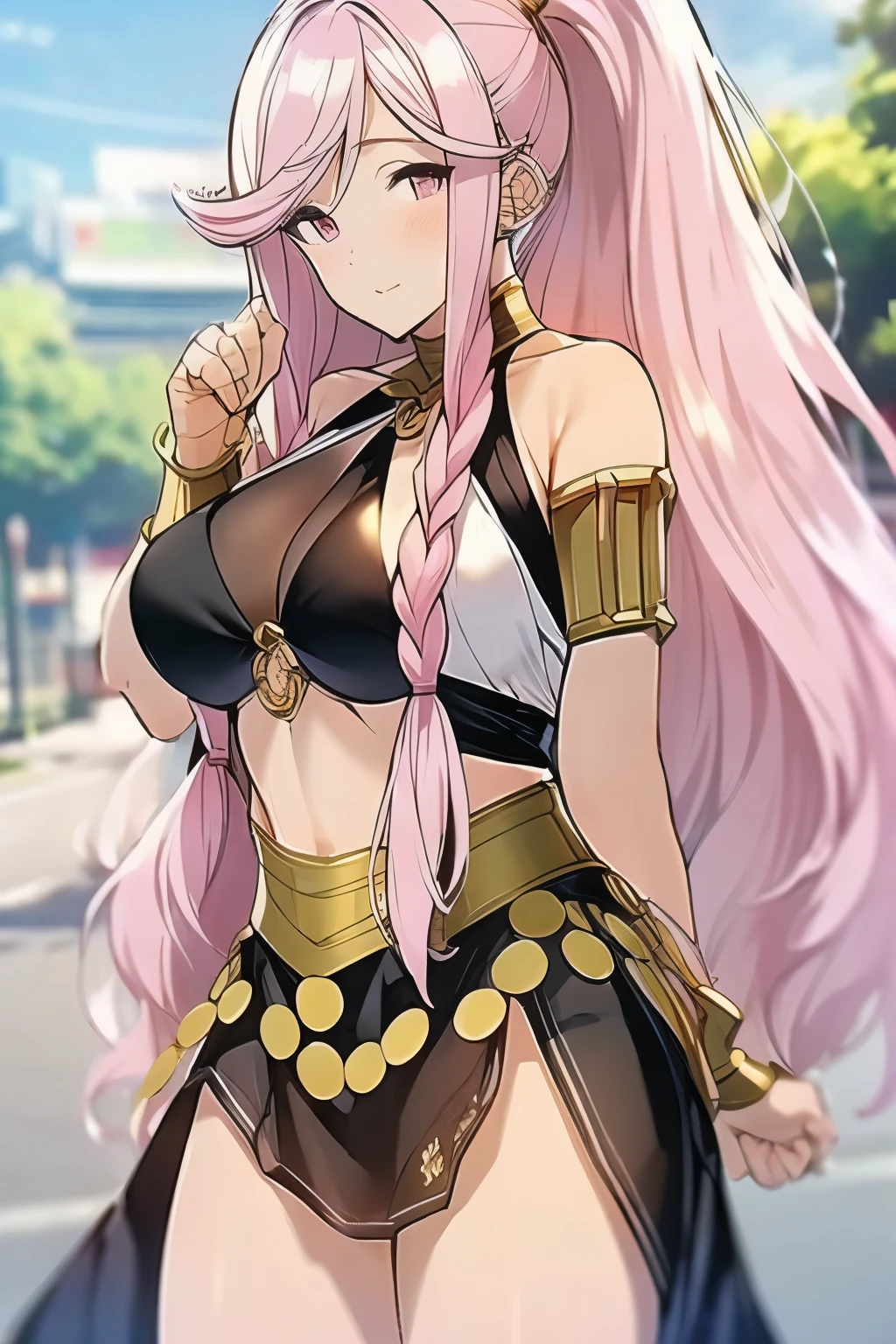 Masterpiece, pink hair, long hair, large breasts, cute girl, grown woman, adult woman, pointing, Olivia, Fire Emblem Awakening