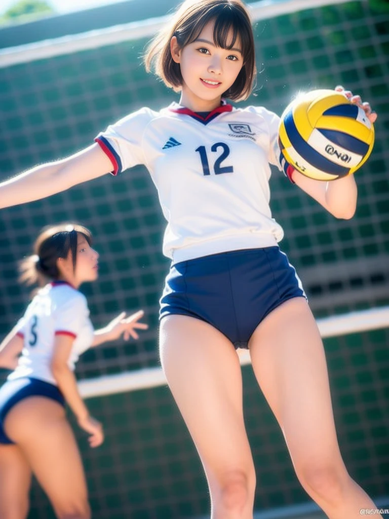 Glossy thighs、(8K、top-quality、​masterpiece:1.2)、(realisitic、Photorealsitic:1.37)、ultra-detailliert、top-quality、超A high resolution、professionally lit、Photon mapping、Radio City、physically-based renderingt、Cinematic lighting、depth of fields,Focusing,Sun'rays,Good composition,,(((1 girl ))),Double eyes、(((white Volleyball uniform 、Dark blue high-leg low-rise bloomers)))、Gymnasium、A big smile、Gymnasium Court,  (Tween model, 12 year oldg)), Ethereal beautiful, slim, very beautiful short hair,Colossal tits、 Toned abs, short cut hair、Soft light, ((David Hamilton Style)),