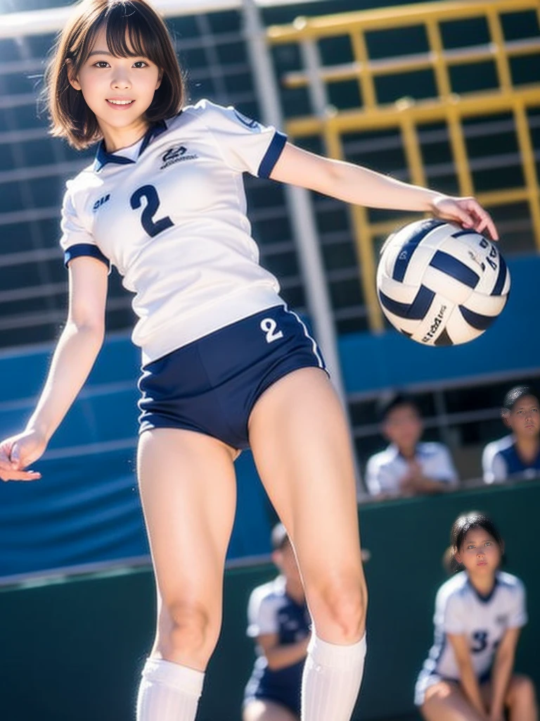 Glossy thighs、(8K、top-quality、masterpiece:1.2)、(realisitic、Photorealsitic:1.37)、ultra-detailliert、top-quality、超A high resolution、professionally lit、Photon mapping、Radio City、physically-based renderingt、Cinematic lighting、depth of fields,Focusing,Sun'rays,Good composition,,(((1 girl of 12 years))),Double eyes、(((white Volleyball uniform 、Dark blue high-leg low-rise bloomers)))、Gymnasium、A big smile、Gymnasium Court, (Tween model, 12 year old girl, young)), Ethereal beautiful, slim, very beautiful short hair,Colossal tits、 Toned abs, short cut hair、Soft light, ((David Hamilton Style)),