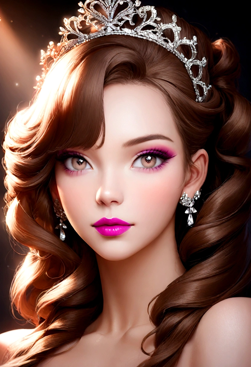Arafed woman with pink lipstick and tiara, Beauty-Retusche, Stylized portrait of beauty, glamorous hairstyle, Redahair and attractive features, Professional retouching, beautiful portrait photo, beautiful female model, breathtaking beauty, Glamour hairstyle, High-quality portrait photo shoot, attractive brown hair woman, photo of a beautiful woman, Portrait Color Glamour, Beauty Portrait