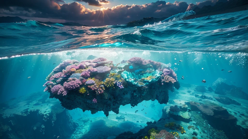 8k、Open World,seabed,amazing colors,Draw the underwater world,Fluctuations in fresh water,Fluctuating bubbles in water,Very wide angle shot,Fantastic artistic expression,