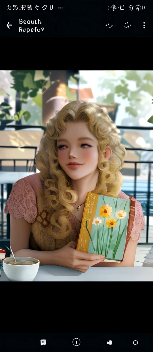 there is a smiling woman with blond curly hair sitting at the table with a book with flowers