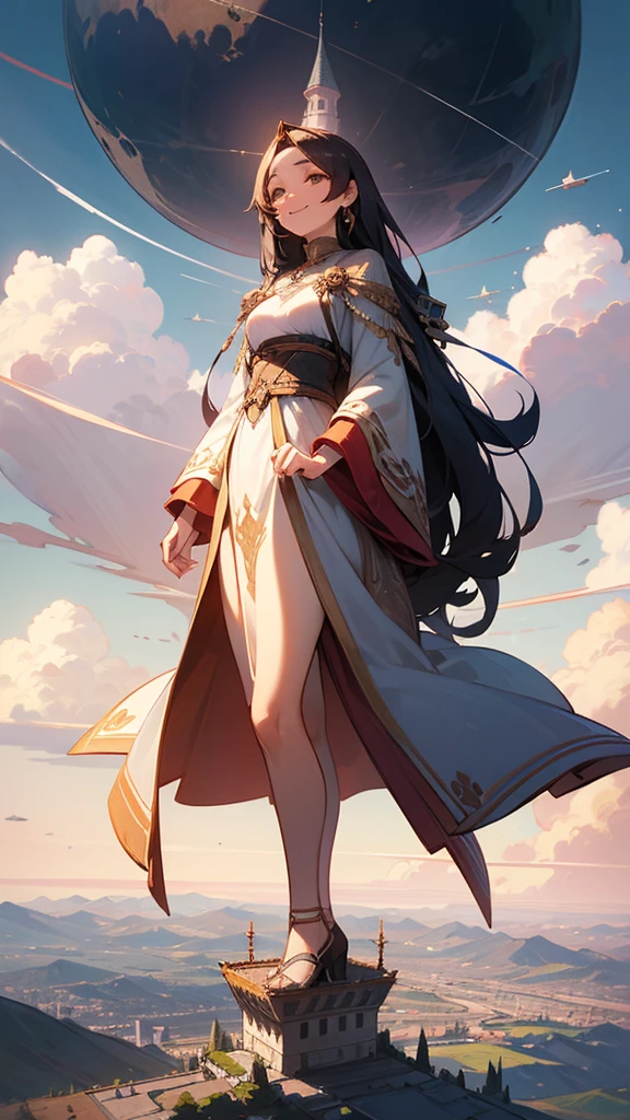 giga size, crouch, High-definition, surreal, beautiful and young central asian female giantess, , gently smiling, she towers into the high sky,, besides a miniature continent with lots of cities on it