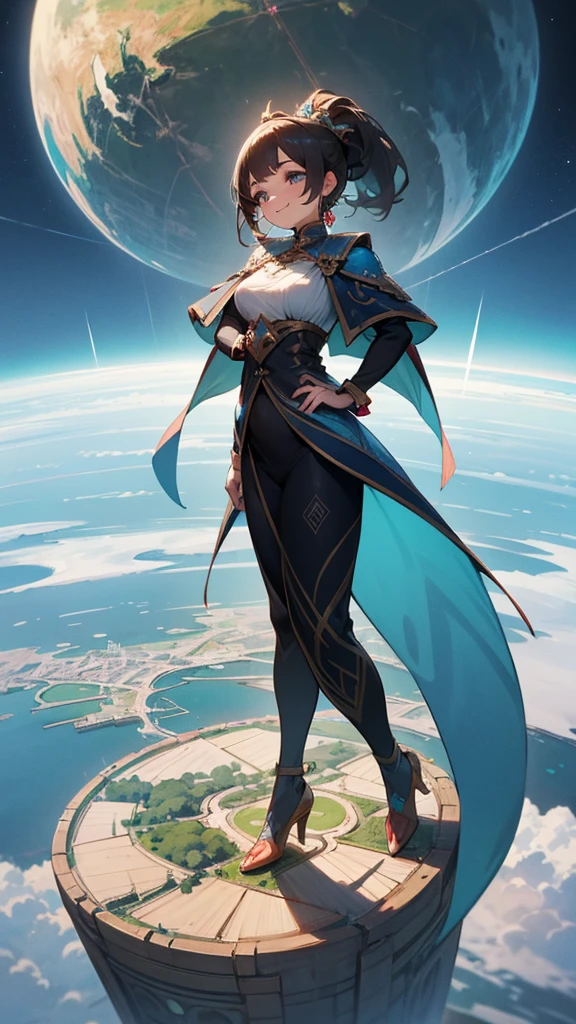giga size, crouch, High-definition, surreal, beautiful and young central asian female giantess, , gently smiling, she towers into the high sky,, besides a miniature continent with lots of cities on it