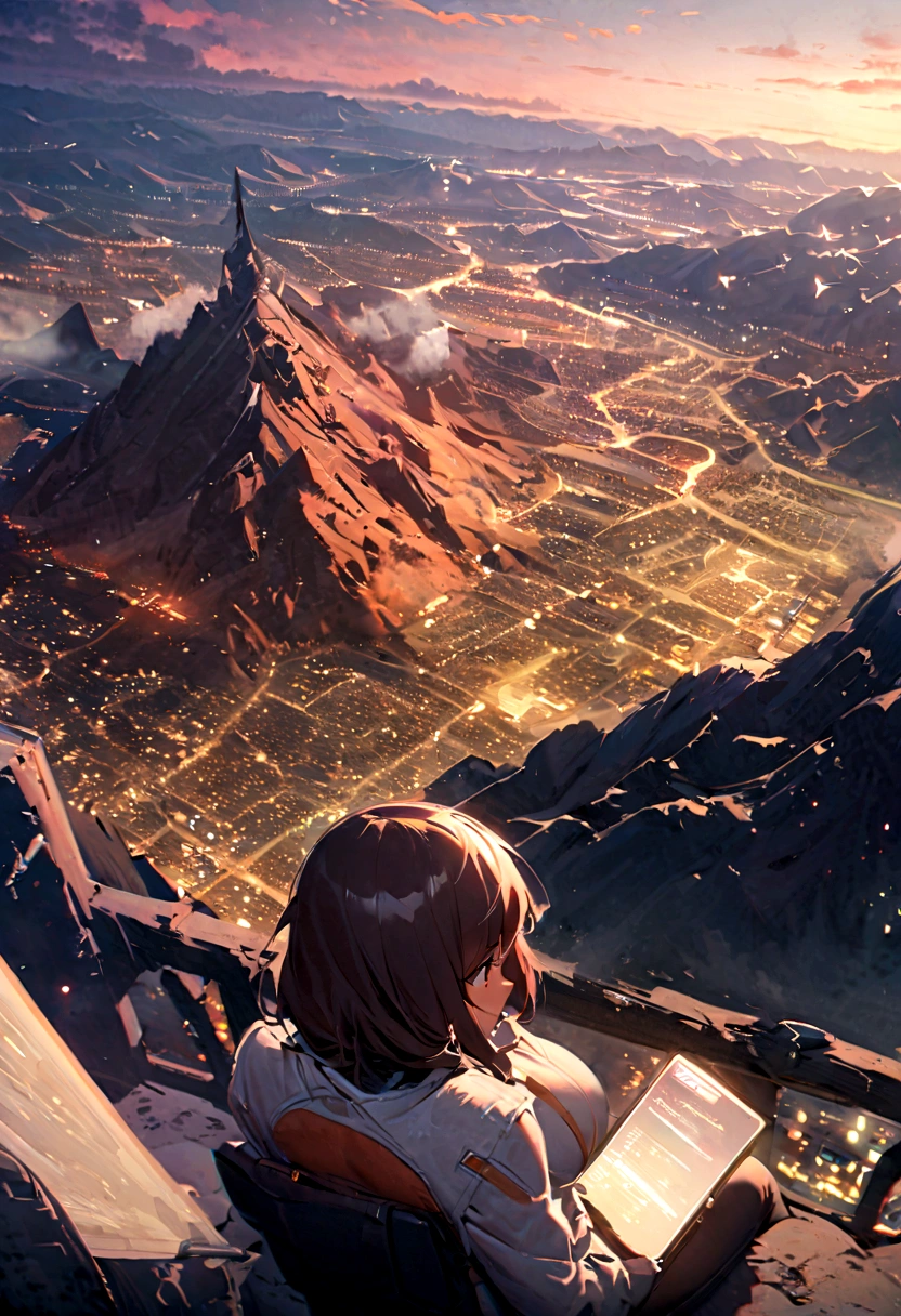 A boy and a Cute big ass busty milf together enjoying the view of a Big developed city with advance technology located around a mysterious mountain