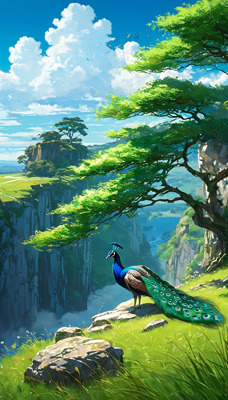 a peacock sitting under a tree near a cliff in a meadow , seeing a vast blue sky with fluffy clouds and brush strokes , tall grasses stones, , makoto shinkai cyril rolando, anime art wallpaper 4k, anime art wallpaper 4k, animated background, anime art wallpaper 8K, animated background art, Anime Landscape Wallpaper, amazing wallpaper, HD wallpaper, 4k anime wallpaper, 4k anime wallpaper, Aries Moross art,art by Bob Byerley , AshleyWoodArtAI, greg rutkowski(far angle view)(brokeh effects)