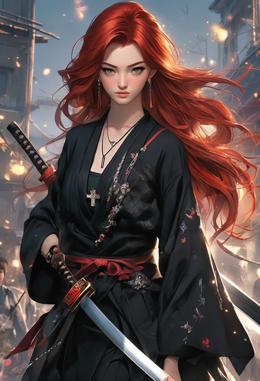 A 16-year-old girl has red hair and black tips , has a katana , wears a necklace with photos and another cross necklace. wears formal clothes but not too much