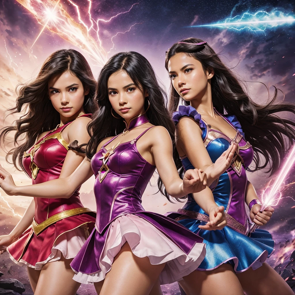 Envision a sisterhood of magical girls who possess distinct powers, united in a powerful and dynamic pose.