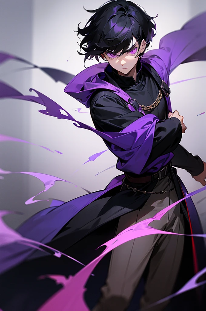 Young boy, male, intimidating, medium black hair, purple eyes, medieval, arcane, dark, bangs, facing the camera, , 4k, good quality