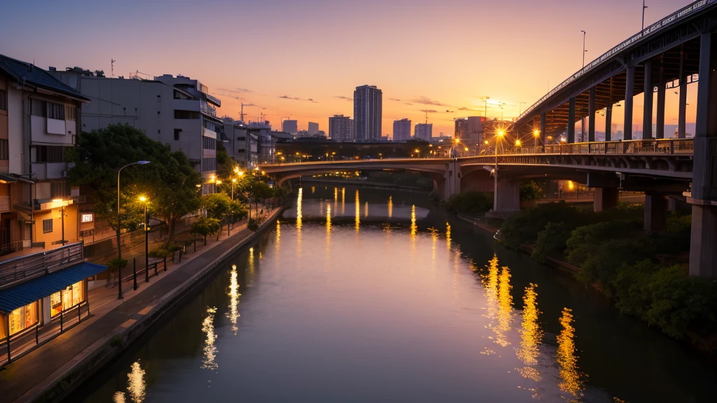 sunset、Streetscape、river、bridge、shinkai makoto