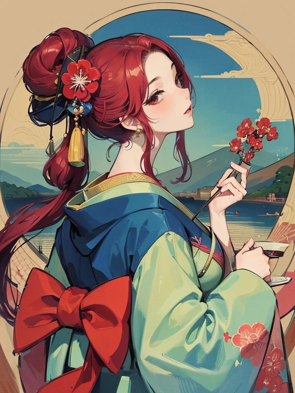 (Highest quality、masterpiece、High resolution、8K)、Vibrant colors、Ukiyo-e、Utamaro、Kimono Beauty、look back、bridge、river、Mount Fuji in the distance、Japanese style scenery、Official Art、