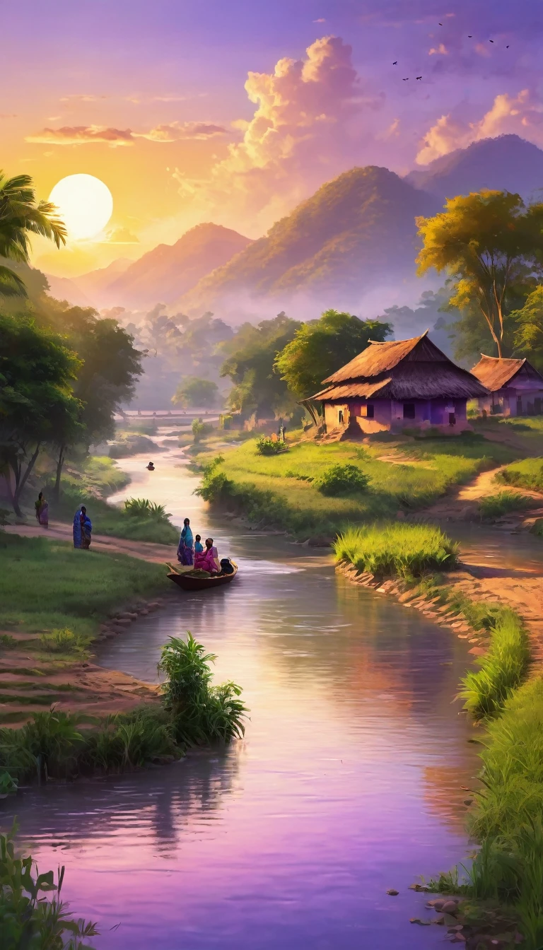 Create a digital artwork of a serene Indian village with a river running through it, under a setting sun. The scene should capture the tranquil beauty of the village, with traditional houses, lush greenery, and the river reflecting the warm hues of the sunset. The sky should be painted in shades of orange, pink, and purple, casting a gentle glow over the landscape. Include details like villagers going about their evening activities, perhaps children playing or women drawing water from the river, to enhance the peaceful and picturesque atmosphere of the village at dusk