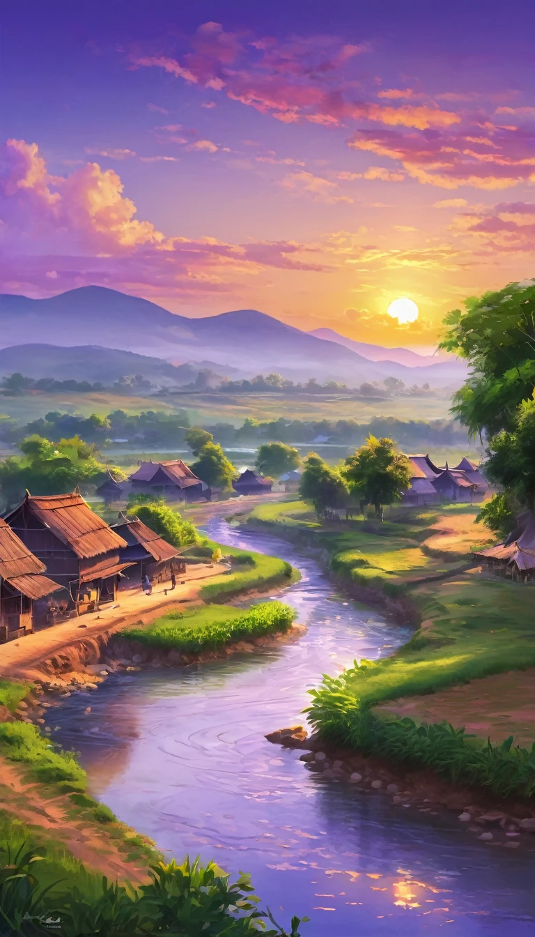 Create a digital artwork of a serene Indian village with a river running through it, under a setting sun. The scene should capture the tranquil beauty of the village, with traditional houses, lush greenery, and the river reflecting the warm hues of the sunset. The sky should be painted in shades of orange, pink, and purple, casting a gentle glow over the landscape. Include details like villagers going about their evening activities, perhaps children playing or women drawing water from the river, to enhance the peaceful and picturesque atmosphere of the village at dusk