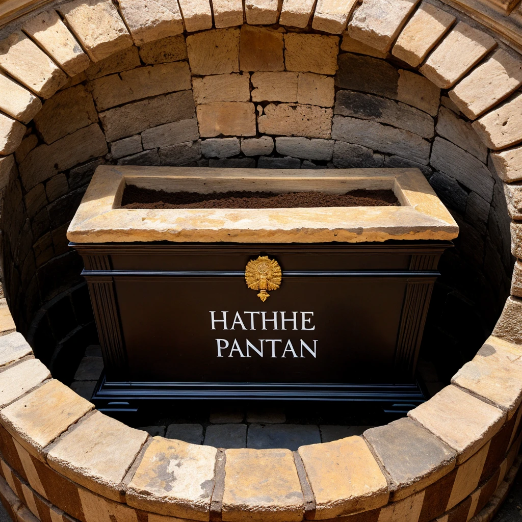 Coffin with pantheon soil that says the Spanish word “here” in the center 