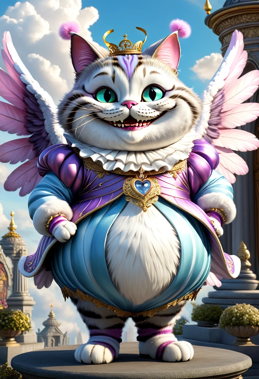  photorealistic portrait of Dressed animals-a ((fat)) ((Cheshire cat)) angel,(furry), (elegant pose:1.5), (hands on hips:1.5),(smile:1.5),high quality,(angel wings),(lovely) ,intricate details, Wearing angel clothes , (angel's ring above head), highly detailed ((angel wings)) ,highly detailed decorations of clothes, angel boots , (happy), soft lighting,(full body image:2.0),holy temple background,clouds,score_9, score_8_up, score_7_up, score_6_up, score_5_up, score_4_up,