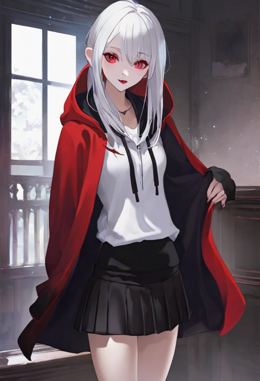 White shirt、Red hoodie、White Hair、Black Skirt、 Vampire Girl