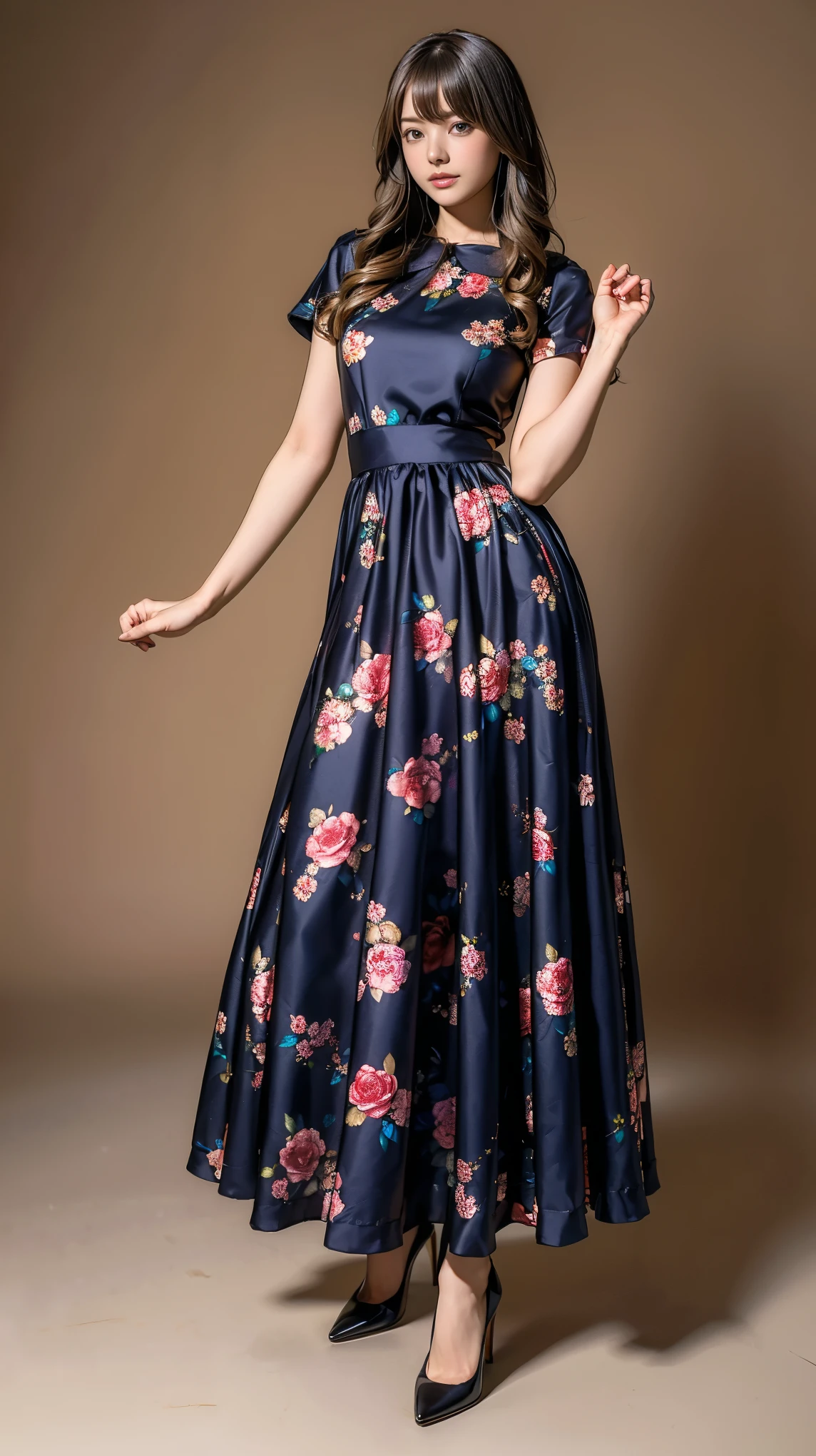 ((masterpiece)),(((Highest quality))),Thin thighs,Long legs,whole body:1.5，(One Girl:1.3),(Black pantyhose and thick pointy heels：1.3),(Wearing a floral long skirt dress:1.2),Short Blonde:1.2、Model pose，