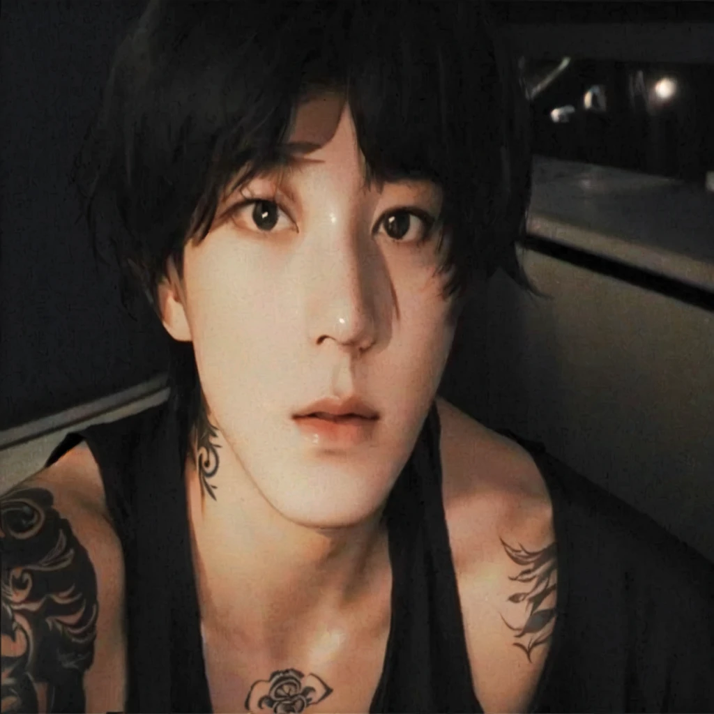 There is a man with a tattoo on his arm and a black tank top, grainy photo of a handsome man, Tae June Kim, leaked photo, sangsoo jeong, jiyun chae, with short hair, 21 year old man, low quality grainy, kwak ji jovem, profile image, heonhwa choe, Jungkook jk