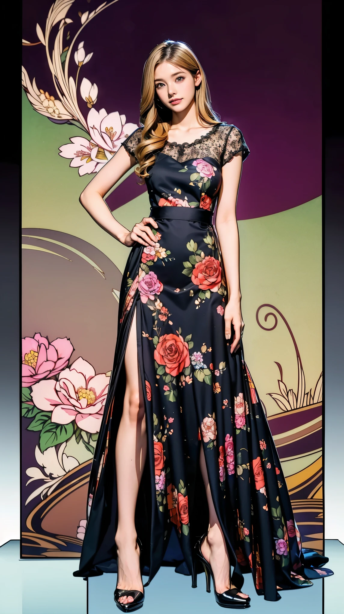 ((masterpiece)),(((Highest quality))),Thin thighs,Long legs,whole body:1.5,(One Girl:1.3),(Black pantyhose and thick pointy heels:1.3),(Wearing a floral long skirt dress:1.2),Short Blonde:1.2、Model pose,