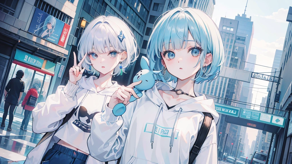 masterpiece, Highest quality, Very exquisite beautiful face and eyes,alone,Beautiful girl,Light blue hair,(((short hair))),((Straight hair)),Blunt bangs,((White eyes)),((puppet)),compensate,Flat Chest,hoodie,Shorts,nail,Hoop Earrings,peace,Happy,Open your mouth,(city),Full Finger