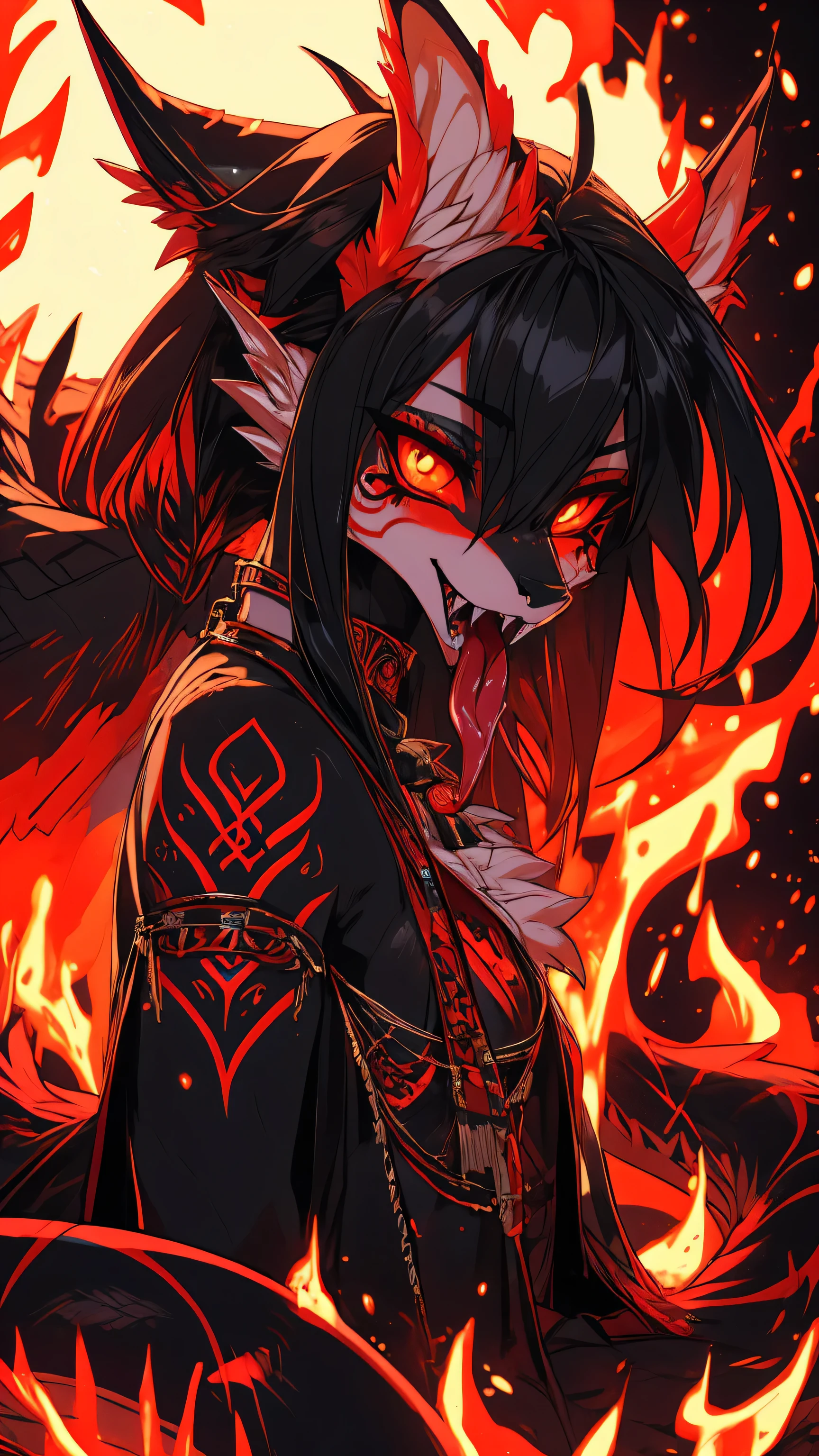 Miku Hatsune, add high definition_detail:1, blue fur,kitsune ears, tribal tattoo add_detail:1, in hell add_detail, diabolic girl, batwigns add_detail Ferocious fangs, sharp fangs, Demon yokai kitsune, long snake tongue add_detail:1