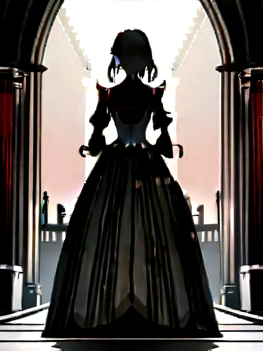 ((best quality)), ((masterpiece)), (detailed), perfect face, anime woman, high resolution, Victorian anime young woman, holding masquerade, white and black dress, black hair, red, london, standing, brown skirt