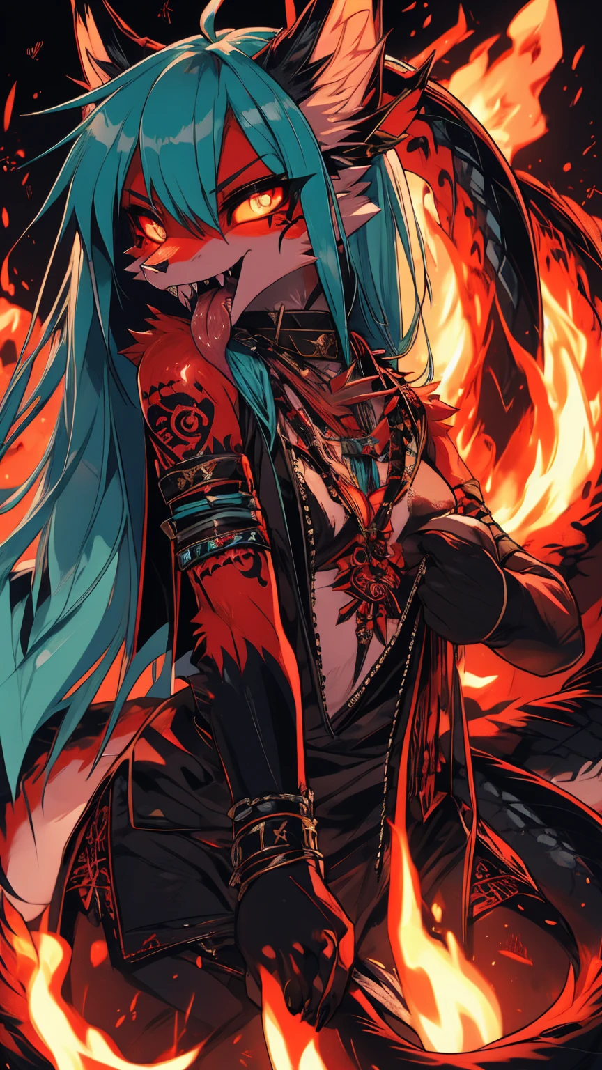 Miku Hatsune, add high definition_detail:1, blue fur,kitsune ears, tribal tattoo add_detail:1, in hell add_detail, diabolic girl, batwigns add_detail Ferocious fangs, sharp fangs, Demon yokai kitsune, long snake tongue add_detail:1