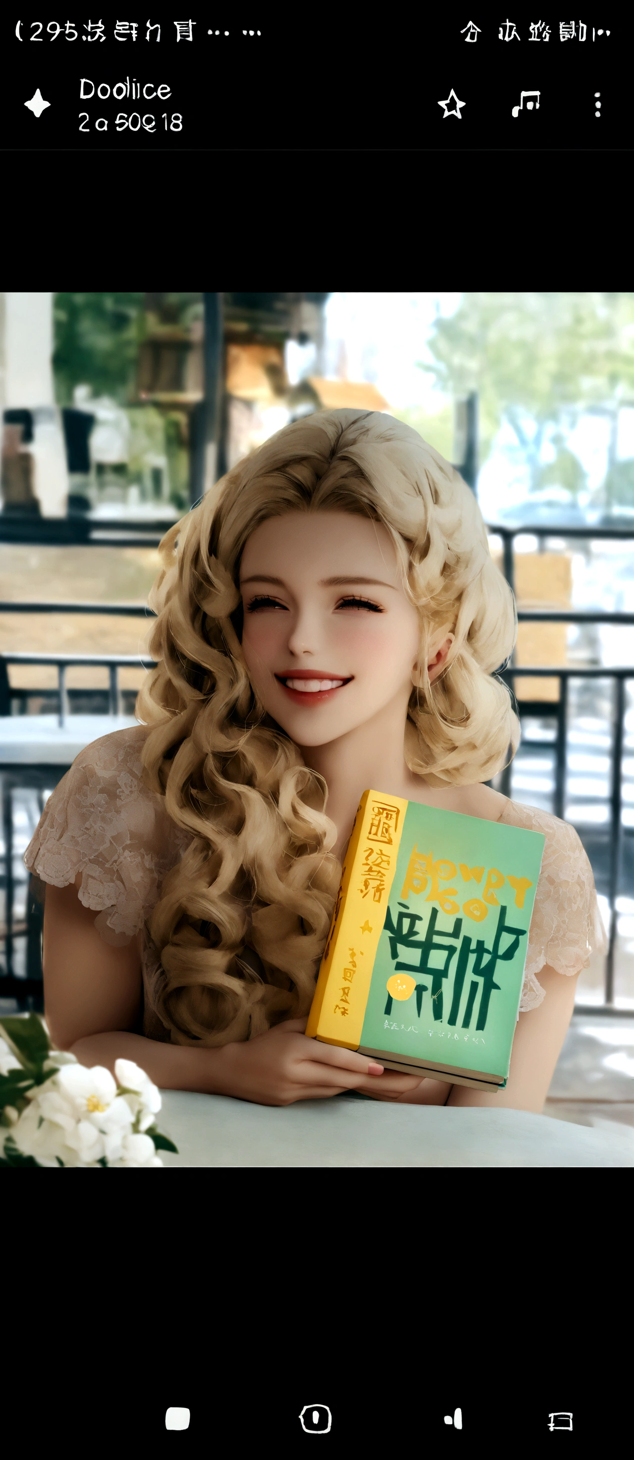 there is a smiling woman with blond curly hair sitting at the table with a book with flowers