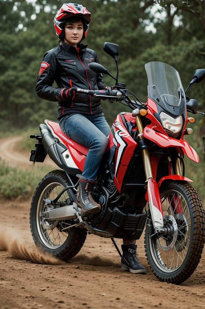 ((best quality)), ((masterpiece)), (detailed), perfect face short hair young woman on a honda crf 300l motorcycle 