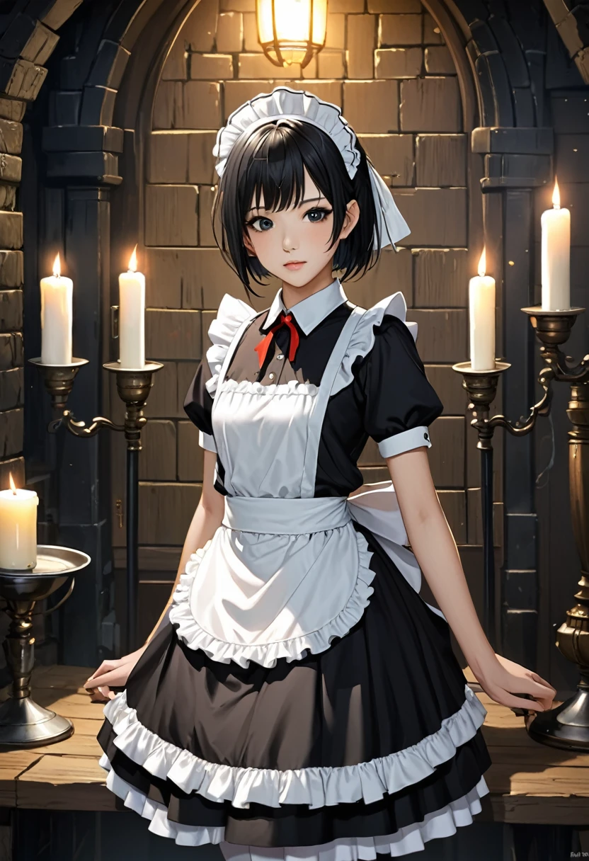 high quality, detailed, Realistic, ( japanese idol maid boy:1.4), (detailed black eyes), (black short hair),  (shiny skin), dungeon, (apron), (head dress), (tiny thongs), (bulge:1.2), candle, (flat chest),