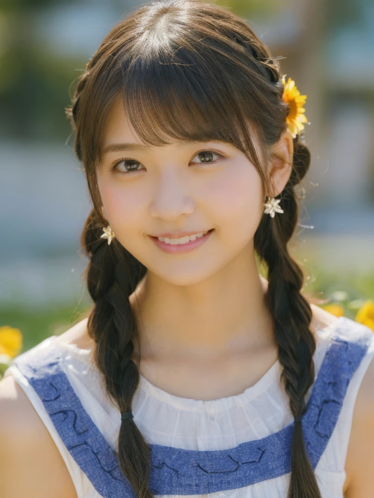 17 year old pretty girl、smile、smile、Memories of summer vacation、Sunflower field、cute, ultra-Detailed Chest, figure, Complex, Detailed Chest, extremely Detailed Chest, Detailed Chest face, Soft Light, Soft Light, Soft Focus , Perfect Face, beautiful, Accurate ???????, Exposure, 8K, 4K, (High resolution: 1.1), Highest quality, (Mastepiece: 1.3), 1 girl, alone, jewelry, Brown eyes , Watching the audience, Earrings, Gray Hair, bangs, Closed Mouth, Portrait photography, Watching, hair ornaments, Simple background, Gray background, Long Hair, Headrest, New Lips, hair braids, Ponytail hairstyle、smile、smile、Eye Focus