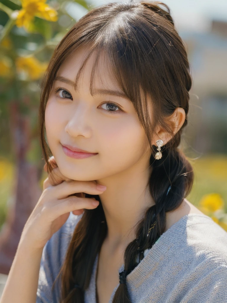 17 year old pretty girl、smile、smile、Memories of summer vacation、Sunflower field、cute, ultra-Detailed Chest, figure, Complex, Detailed Chest, extremely Detailed Chest, Detailed Chest face, Soft Light, Soft Light, Soft Focus , Perfect Face, beautiful, Accurate anatomy, Exposure, 8K, 4K, (High resolution: 1.1), Highest quality, (Mastepiece: 1.3), 1 girl, alone, jewelry, Brown eyes , Watching the audience, Earrings, Gray Hair, bangs, Closed Mouth, Portrait photography, Watching, hair ornaments, Simple background, Gray background, Long Hair, Headrest, New Lips, hair braids, Ponytail hairstyle、smile、smile、Eye Focus