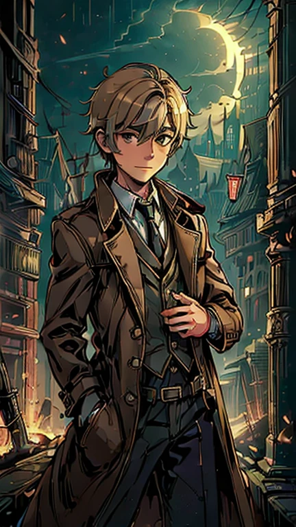 best quality,masterpiece,1boy,solo,(((13years old))),japanese boy,an extremely cute and handsome boy,highly detailed beautiful face and eyes,petit,cute face,lovely face,baby face,shy smile,show teeth,blonde hair,short hair,flat chest,skinny,slender(((wearing a John Constantine costume,brown Trench Coat))),(((Heroic pose in Dark Midnight Fantasy style Gotham castle))),he is looking at the viewer,