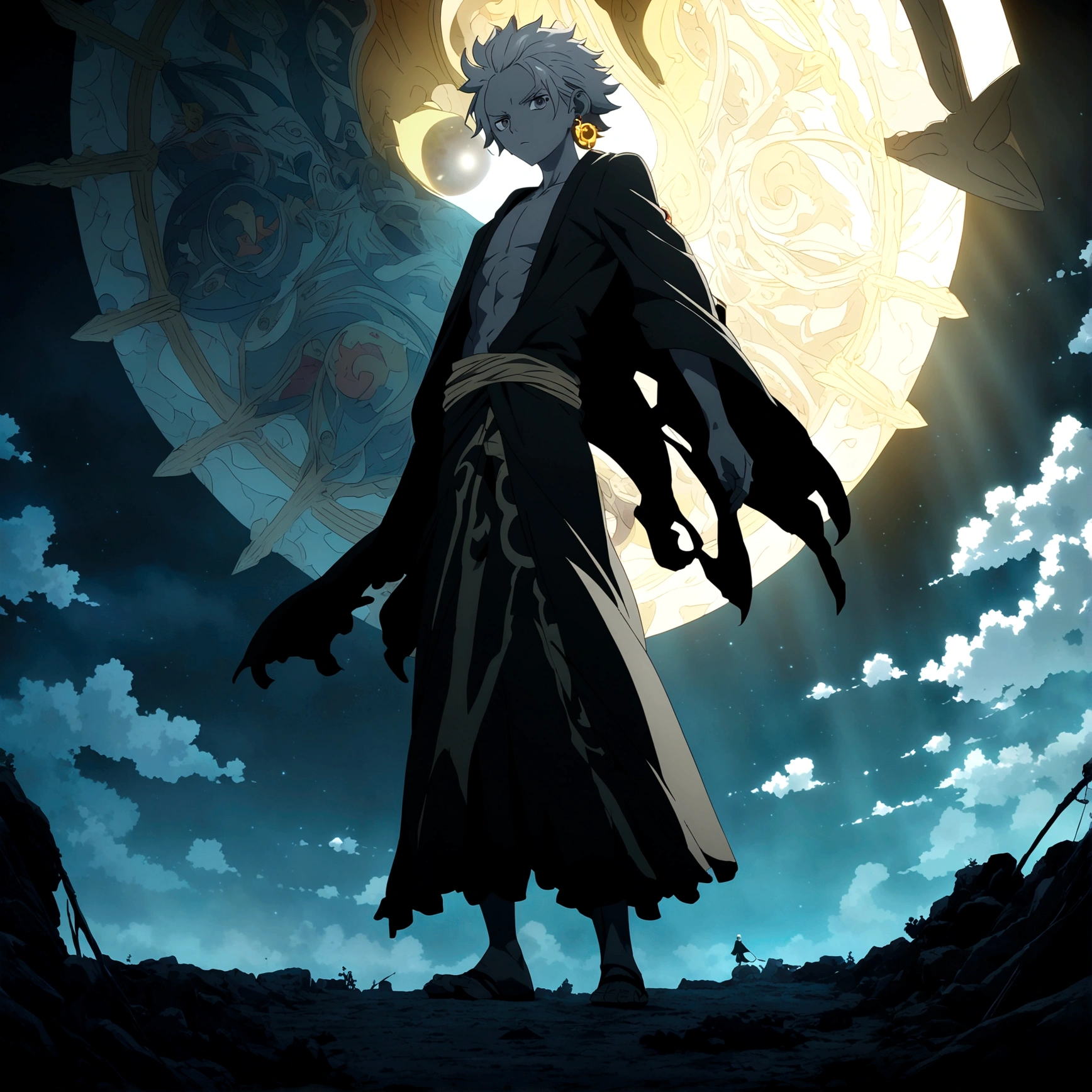 Male, gray skin, lean and defined body, long gray hair shaved on the left side, gray eye, sun-shaped earring, black robe with sun symbol on the front, "Anime design inspired by One Piece, filled with dramatic and impressive lighting, infused with creative details, ultra-fine 2D design, scenery bathed in creativity, boasting 2D anime resolution clarity, HD anime graphics, high-octane rendering"