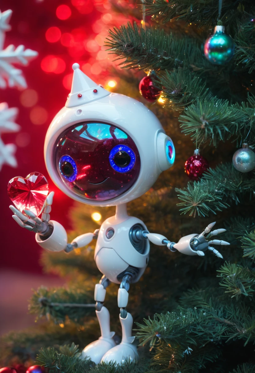 Anthropomorphic Translucent cute alien robot discovering a colossal red crystal heart beneath a Festively adorned Christmas tree, surrounded by glowing snowFlakes casting vibrant reFlections, captured with stunning visual clarity and a broken glass eFFect, Incorporating volumetric light, Halo, and vivid color reFlections, Surrealism, Intense colors, 30mm lens aperture is 1/250s, F/2.8, ISO 1000, 8k resolution, Featuring iridescent and Fraktal 