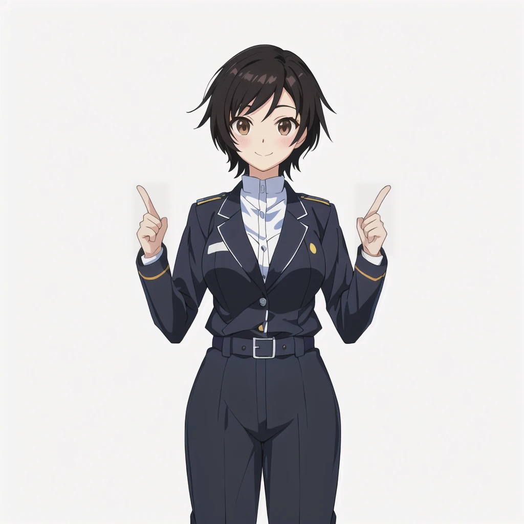 Highest quality, high resolution, High quality anime art style, Official Art, Smooth anime CG art, Stylized anime, Visual Novel Sprites, White background, whole body, Anime-style 3D, Smooth anime CG art, humanoid woman, JRPG Characters, policewoman, Policewoman, Anime woman in Japanese police uniform, Guts pose, smile, Brown eyes, Black Hair, short hair, Age 25,