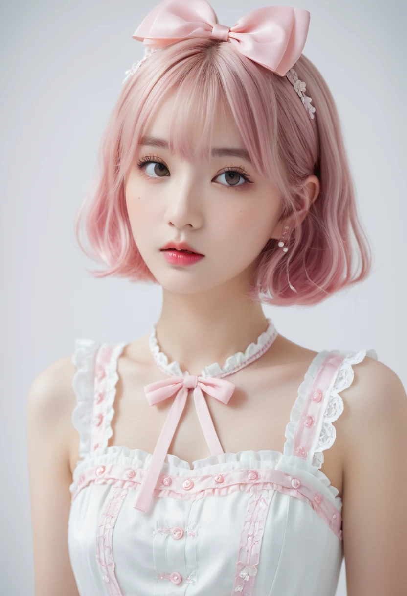 Super delicate cute girl wearing a ta dress with pink hair. 8K ultra-high image quality, delicate texture, pure white background.