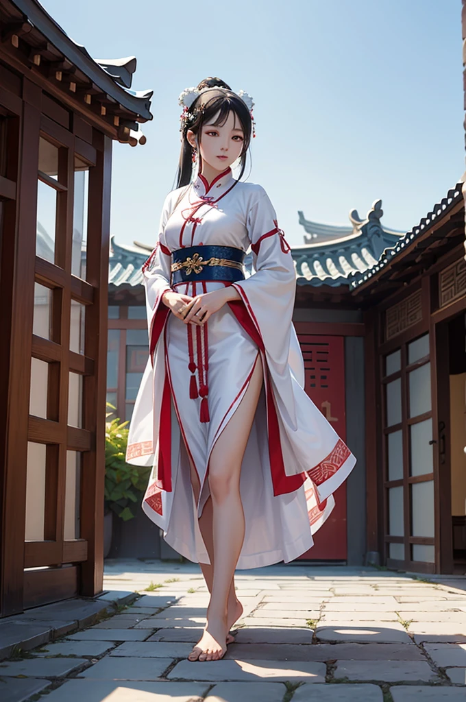 A rich girl from the Tang Dynasty standing in the courtyard。Dressed in silk，barefoot。