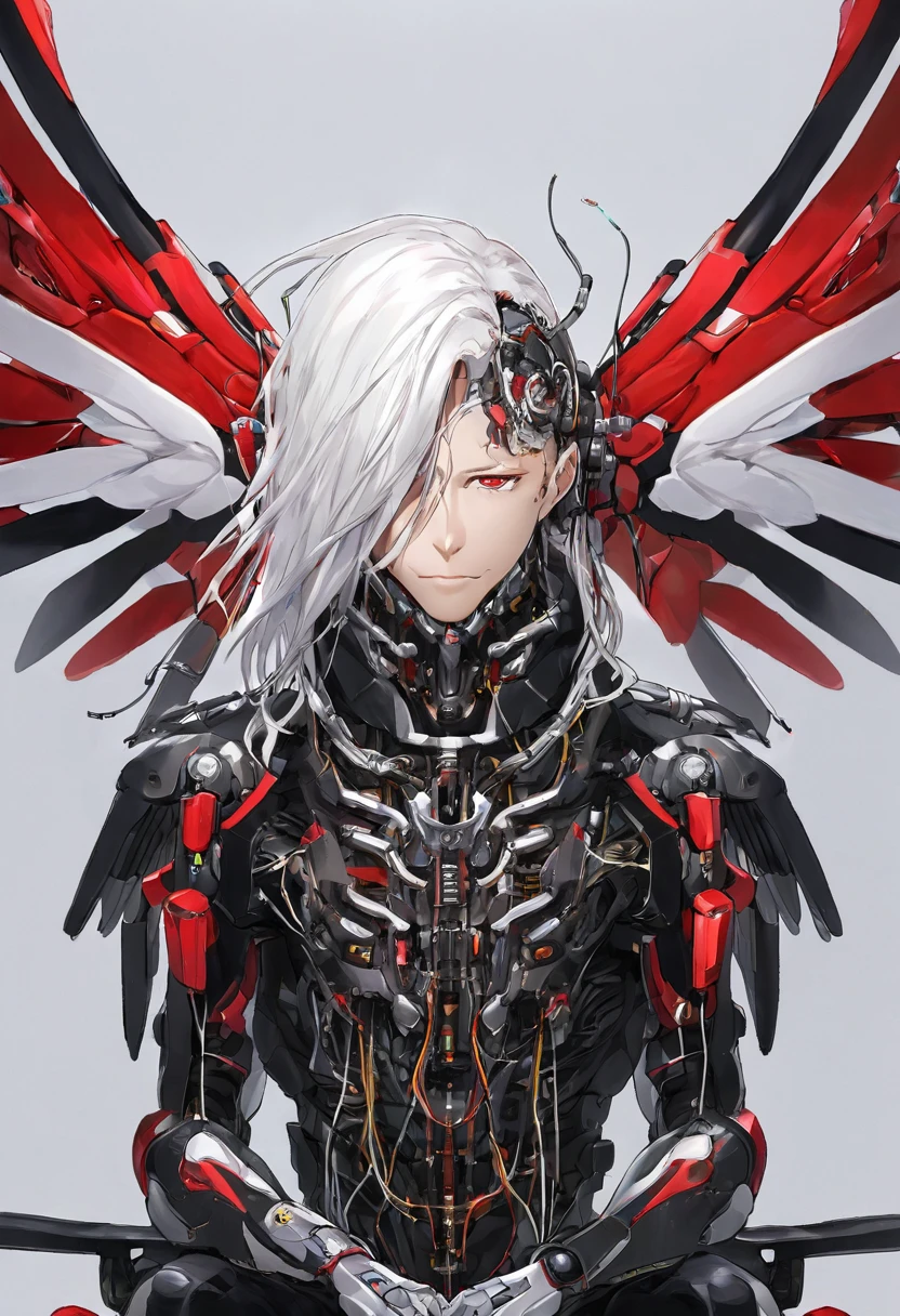 Straight Long Hair　White Hair　He has mechanical wings on his back.　cyborg　The mechanical parts of the neck are exposed.　The mechanical parts are black、There are red and white wires　The face is normal　Wearing black combat uniform　Thin eyebrows　I am sitting upright　river辺に座り込んでいます　There is one person　close your eyes，I&#39;m crying　Linear mouth　The mechanical parts of the arms are exposed.，electrocuted、It emits electricity　flash　sunset　Girl seen from front left　Close up on girl　The whole body is shown　Beautiful views　riverが流れています　The girl is bowing　weapons　She is half human and half machine.　Missiles waiting in the air　river　City　sunset