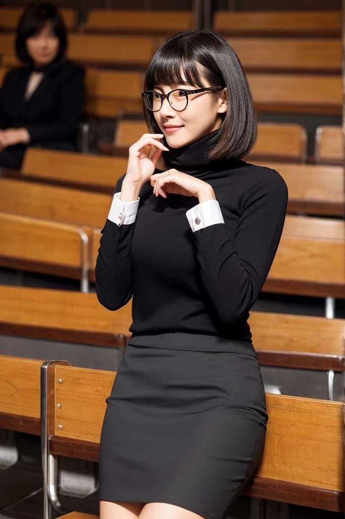 University lecture hall, university psychology associate professor, ((full body)), ((photo)), ((best qualtiy, 8K, tmasterpiece:1.3)), Focus:1.2, perfect figure beautiful woman:1.4, 1woman, cowboy shot, look at viewer, eyes facing the camera, incredibly absurd, beautiful and cute woman with a photorealistic face, showcasing top-quality craftsmanship, A Japanese woman giving a lecture at a university lecture hall, 27 years old, with a bob cut and flipped hair, short bangs swept at an angle, smooth and shiny hair, natural hairline, fair and smooth skin, plump and healthy cheeks, large, jet black eyes, round eyes, long and upward-facing eyelashes, double eyelids, thin and straight eyebrows, small and round nose, plump lips, upturned corners of the mouth, charming smile, cute face, glamorous, well-balanced proportions, tall, beautiful D-cup breasts, silver-rimmed glasses, pink blouse, black tight skirt, fashion with a waist-marked silhouette, scarf, heeled shoes, vanilla perfume, beautiful, pretty older woman, glasses suit her, knowledgeable, playful, curious, intelligent, elegant, November