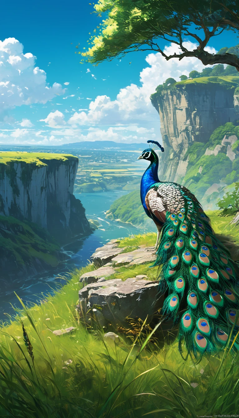 a peacock sitting under a tree near a cliff in a meadow , seeing a vast blue sky with fluffy clouds and brush strokes , tall grasses stones, , makoto shinkai cyril rolando, anime art wallpaper 4k, anime art wallpaper 4k, animated background, anime art wallpaper 8K, animated background art, Anime Landscape Wallpaper, amazing wallpaper, HD wallpaper, 4k anime wallpaper, 4k anime wallpaper, Aries Moross art,art by Bob Byerley , AshleyWoodArtAI, greg rutkowski(far angle view)(brokeh effects)