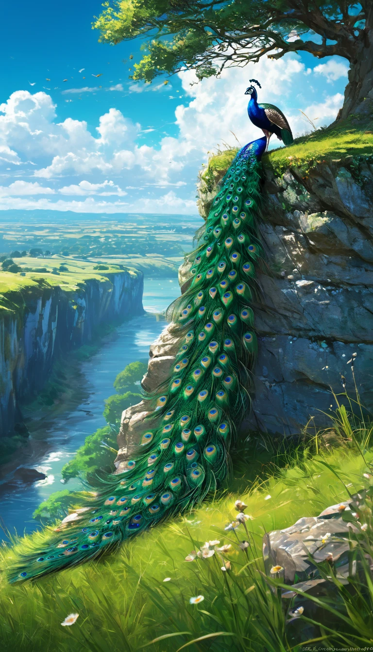 a peacock sitting under a tree near a cliff in a meadow , seeing a vast blue sky with fluffy clouds and brush strokes , tall grasses stones, , makoto shinkai cyril rolando, anime art wallpaper 4k, anime art wallpaper 4k, animated background, anime art wallpaper 8K, animated background art, Anime Landscape Wallpaper, amazing wallpaper, HD wallpaper, 4k anime wallpaper, 4k anime wallpaper, Aries Moross art,art by Bob Byerley , AshleyWoodArtAI, greg rutkowski(far angle view)(brokeh effects)