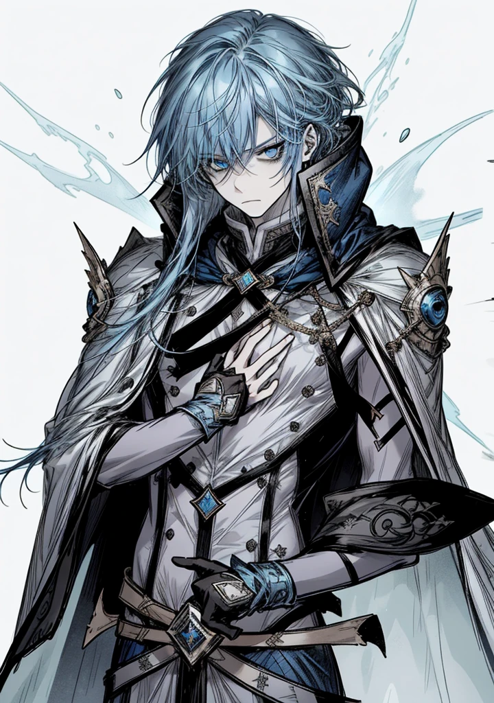 1boy, pale skin,blue hair, long hair, serious face, blue eyes, arctic clothing, ice wizard,cape, beautiful clothes, 
(high resolution, high detail, best quality), solo, big chest, sfw