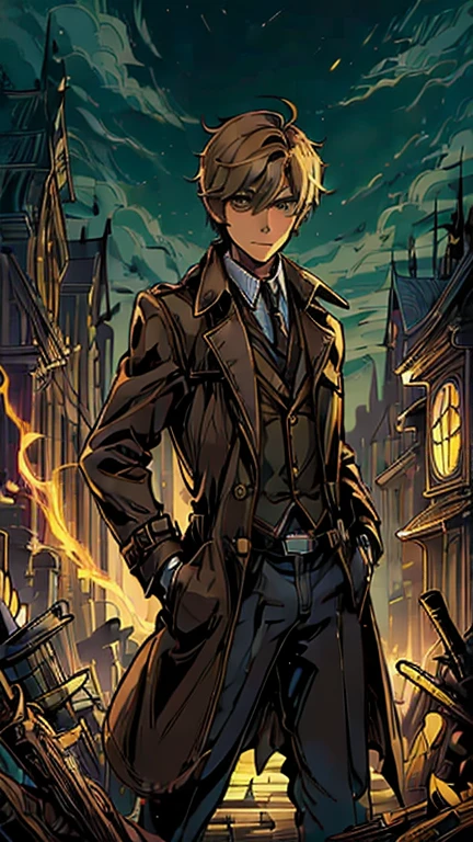 best quality,masterpiece,1boy,solo,(((ars old)japanese boy,an extremely cute and handsome boy,highly detailed beautiful face and eyes,petit,cute face,lovely face,baby face,shy smile,show teeth,blonde hair,short hair,flat chest,skinny,slender(((wearing a John Constantine costume,brown Trench Coat))),(((Heroic pose in Dark Midnight Fantasy style Gotham castle))),he is looking at the viewer,