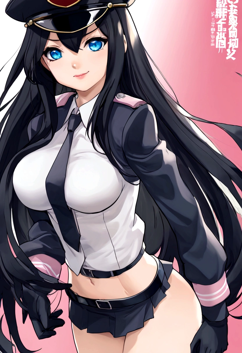 1 girl, long black hair, bright blue eyes, with breasts and a little hip, looking at the viewer, White skin, with the uniform from the anime boku no hero academy, black glove on one hand(The right), nice smile and pink lips, and rosy cheeks.