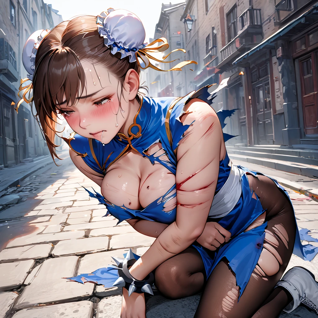 solo, master piece, best quality, ultla detailed, 8K, extremely detailed face, NSFW, gore, violence, ((Shibari, arms behind back:1.4)),((rope restraint)), sf2 chun, hair buns, covered buns, chinese dress, qipao, blue outfit, puffy sleeves, brown pantyhose, white belt, (torn:1.6), black hair, feel exhaust, injury, bruise, (wound on body and face:1.2), blood splattered face, (((swollen nose and cheek:1.1))), ((bruised on face:1.2)), (((eye swollen almost shut:1.5))), drooling, prison,