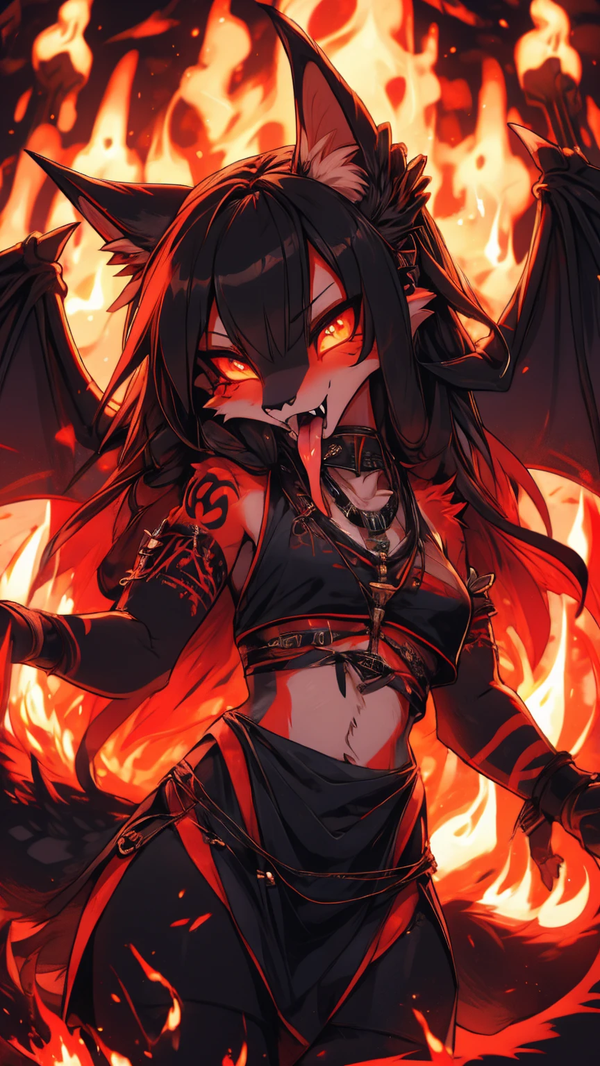 Miku Hatsune, add high definition_detail:1, blue fur,kitsune ears, tribal tattoo add_detail:1, in hell add_detail, diabolic girl, batwigns add_detail Ferocious fangs, sharp fangs, Demon yokai kitsune, long snake tongue add_detail:1, sucubo girl add_detail:1