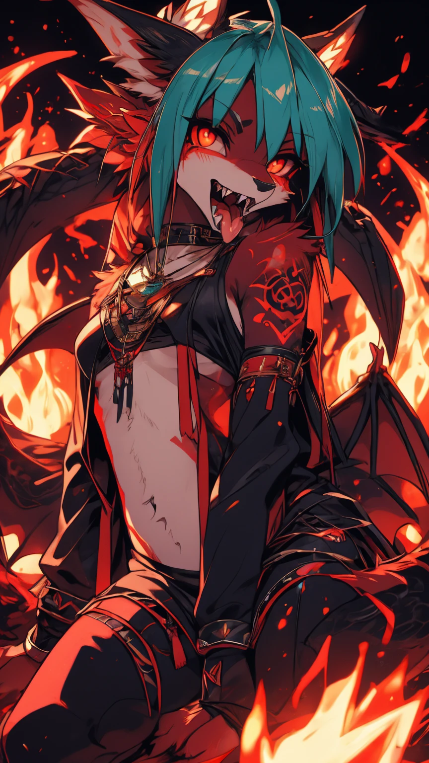 Miku Hatsune, add high definition_detail:1, blue fur,kitsune ears, tribal tattoo add_detail:1, in hell add_detail, diabolic girl, batwigns add_detail Ferocious fangs, sharp fangs, Demon yokai kitsune, long snake tongue add_detail:1, sucubo girl add_detail:1