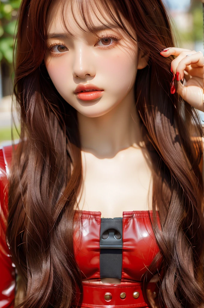 (Real))))Photos, ((Full Body:1.1)), Best Quality, 1 woman, Ultra Detailed Face, Detailed Lips, Detailed Eyes, Double Eyelids, Beautiful Face, Beautiful Eyes, (Red Bodysuit, Red Latex), (Glossy), Orange Hair, Twintails, Thin Waist, Best Quality, Pale Skin, Su-Liu Aska Langle, Plug Suit 02, Black Background, (Face and Eye Details:1.1) , self-righteous, blush, ((shy)), very delicate and beautiful girl, dynamic pose, (to8contrast style)