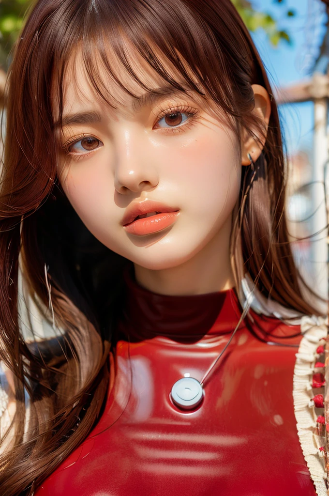 (Real))))Photos, ((Full Body:1.1)), Best Quality, 1 woman, Ultra Detailed Face, Detailed Lips, Detailed Eyes, Double Eyelids, Beautiful Face, Beautiful Eyes, (Red Bodysuit, Red Latex), (Glossy), Orange Hair, Twintails, Thin Waist, Best Quality, Pale Skin, Su-Liu Aska Langle, Plug Suit 02, Black Background, (Face and Eye Details:1.1) , self-righteous, blush, ((shy)), very delicate and beautiful girl, dynamic pose, (to8contrast style)